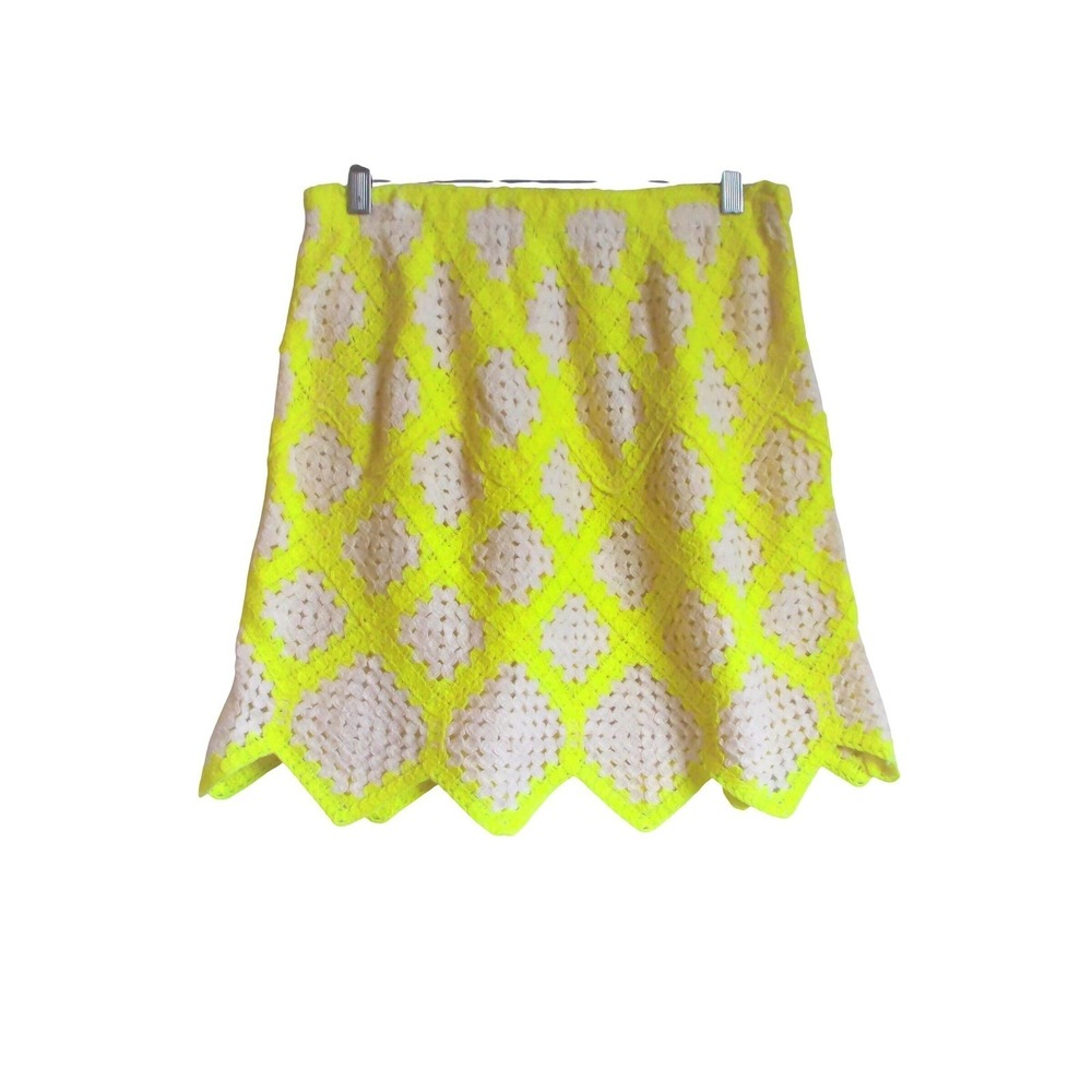 India Boutique Neon Yellow White Crochet Mini Skirt Boho Granny Square New M
